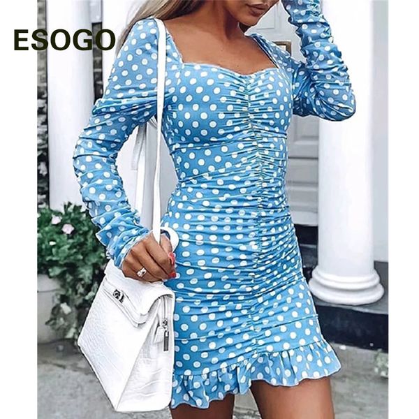 

polka dot print ruffle a-line dress long sleeve square collar bodycon woman dresses autumn casual blue dresses vestidos, Black;gray