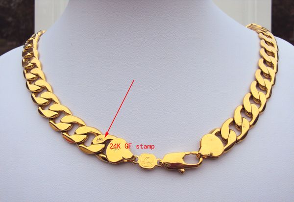 

weighty heavy 108g 24k stamp real yellow solid gold 23.6 men's necklace 12mm curb chain 600mm jewelry mint-mark lettering 100% real gol, Silver