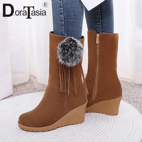 

doratasia retro lady solid wedges female boots fashion brand winter boots women zipper solid flock mid calf shoes woman, Black