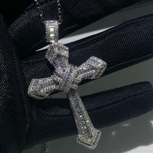

New Choucong Luxury Jewelry 925 Sterling Silver Pave White Topaz CZ Diamond Gemstones Cross Pendant Wedding Women Necklace for Men Gift