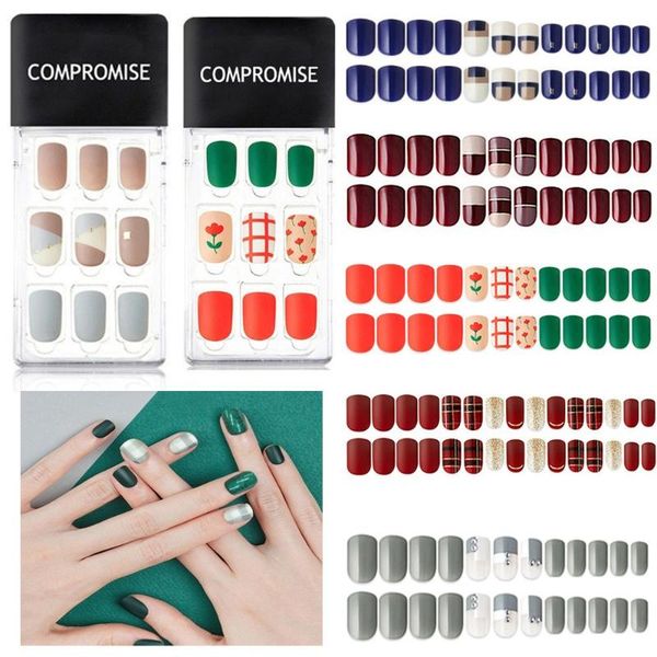 

24 / 30pcs 12 стиль акриловые ложные ногтей nail закончено полировка натуральный французский короткие накладные ногти комплект аксессуары, Red;gold