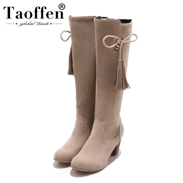 

taoffen plus size 31-43 women winter party high heels knee high boots tassels work office ladies retro long boots footwear, Black