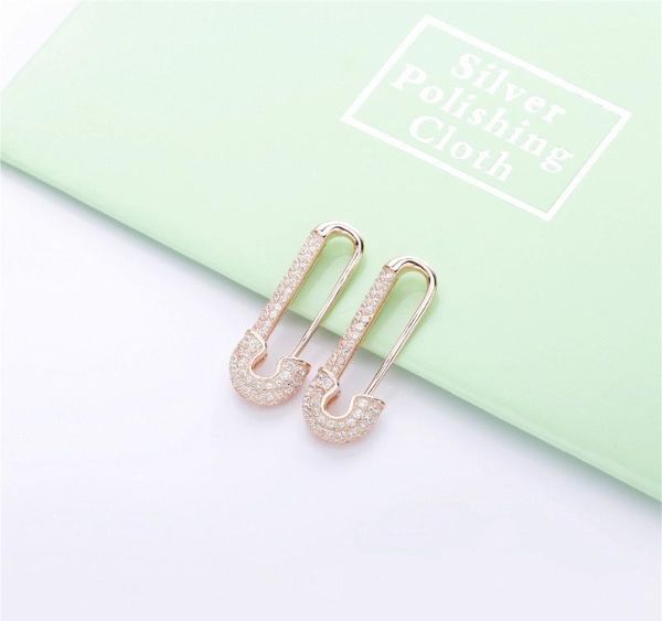 

moonmory f2019 france 100% 925 sterling silver silver safety pin earring three color style one side zircon right left01, Golden;silver