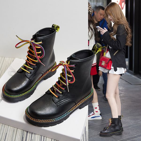 

boots autumn and winter fashion motorcycle ankle rainbow lace-up round toe can increase med (3cm-5cm) solid, Black