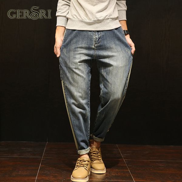 

gersri men jeans vintage high stretch long pants loose brand streetwear youth student male casual jeans, Blue
