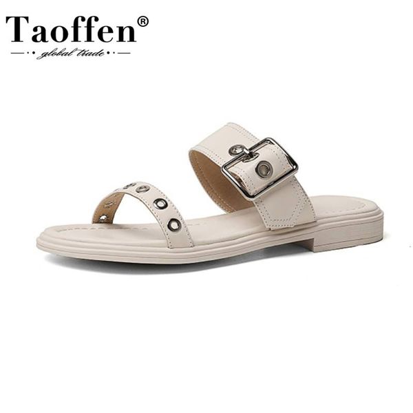 

taoffen women flat sandals real leather metal buckle women summer shoes fashion casual shoes footwear size 34-40, Black