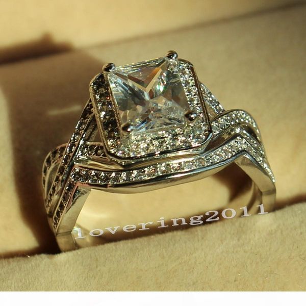 

размер 5-11 оптовые ювелирные изделия принцессы вырезать 5ct diamonique cz моделируется алмаз белого золота заполненные женщины обручальное, Silver