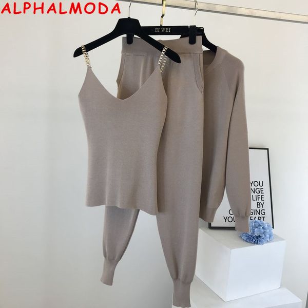 

alphalmoda new chain vest knit zipper cardigans pants women fashion 3pcs suit ladies winter casual comfy transuits x0923, Gray
