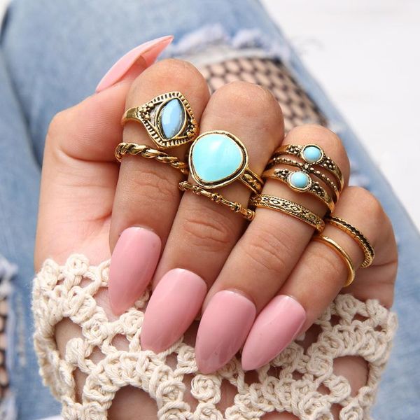 

8 pcs/set antique gold bohemian midi ring set vintage steampunk anillos knuckle rings for women boho jewelry shinning rings, Golden;silver