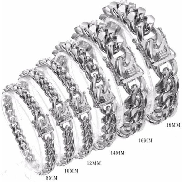 

8/10/12/14/16/18mm stainless steel silver color miami curb cuban chain bracelet wristband dragon lock clasp men women jewelry, Black