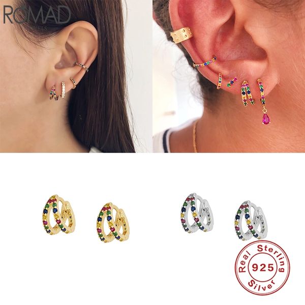 

hoop & huggie romad 925 sterling silver earrings colorful boho rainbow double circle earring for women fine jewelry pendientes w4, Golden;silver