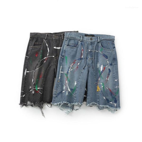 

pocket vintage straight demin shorts men fashion casual clothes mens high street graffiti shorts man summer knee length, White;black