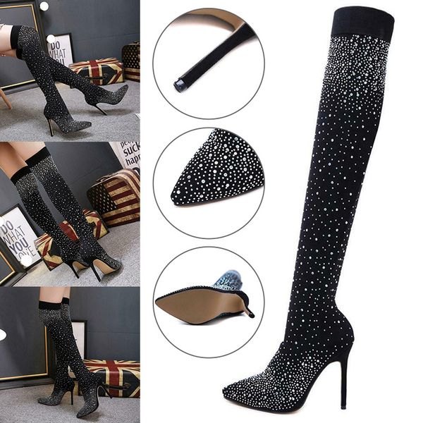 

women crystal stretch fabric sock boots pointy toe over the knee thigh high high heel long booties -opk, Black