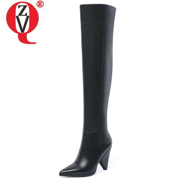 

zvq winter new fashion pointed toe super high strange style genuine leather zip shoes women party over knee boots, Black