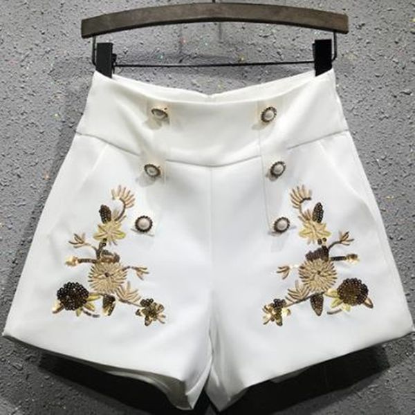 

women short double-breasted heavy embroidery shorts high waist casual a-line shorts, White;black
