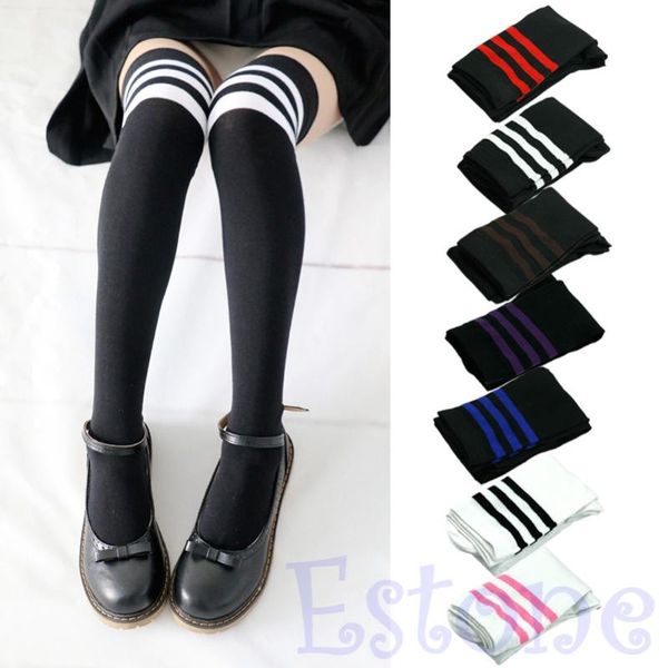 

women fashion stripe cotton over knee socks thigh high stockings long socks, Black;white