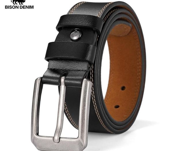 

bison denim fashion classic genuine leather men belt alloy pin buckle cow leather strap belt for men w71588, Black;brown