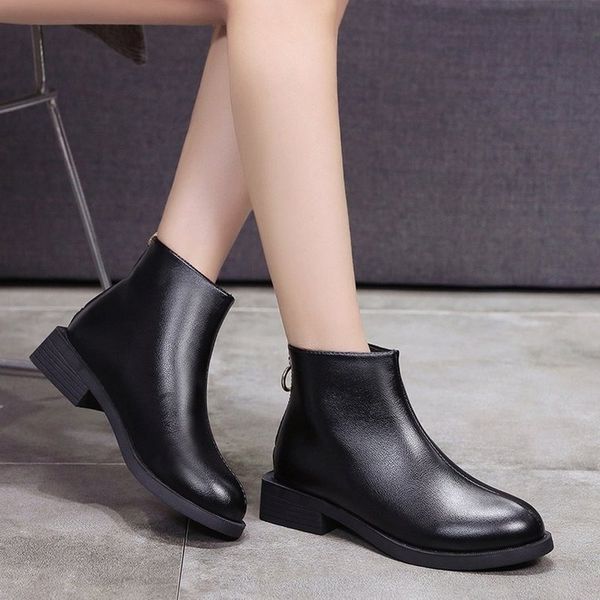 

autumn new winter boots female solid black leather boots for women shoes woman square low heels zipper ankle plus size