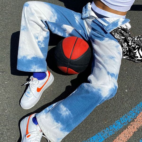 

blue and white tie-dye loose casual straight-leg baggy pants women hip, Black;white