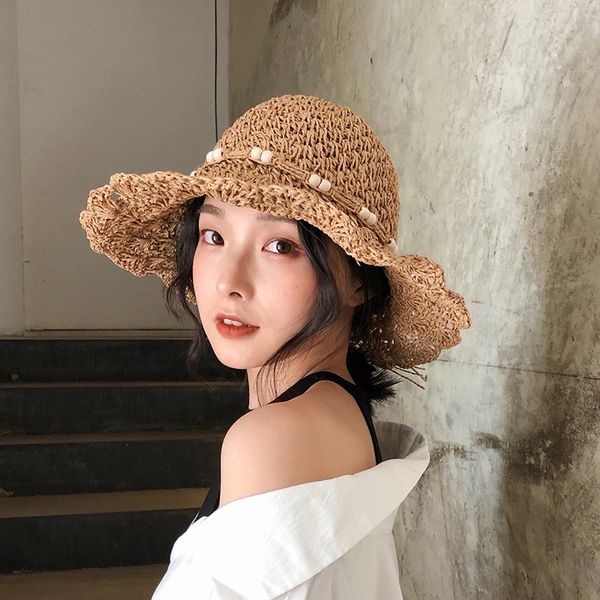 

beautiful summer crochet woven women hats travel sun protection foldable straw hat sweet bow big eaves female sun hat 2020 new, Blue;gray