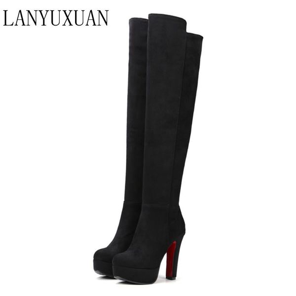 

boots lanyuxuan winter woman over the knee square high heels fashion round toe elastic women shoes big size 34-43 2159, Black
