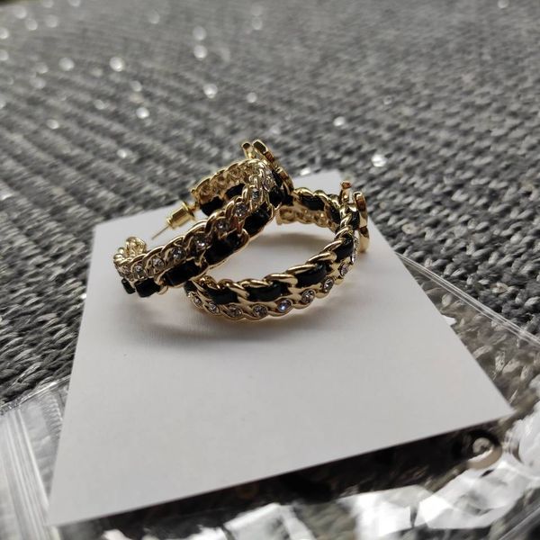 

new fashion matel leather rhinestone chain hoop earring luxury accessories classic chain fashion symbol c earrings designer gift with bag, White