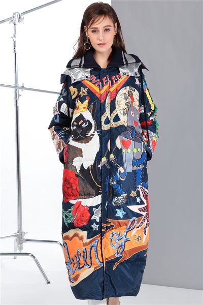 

high end customized cartoon color down jacket thickened and oversized long hooded knee down coat for women