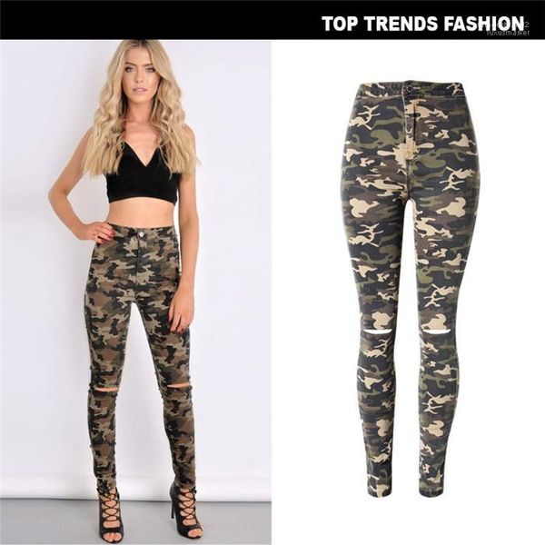 

designer camouflage hole jeans fashion skinny feet pants burst casual fashion famale trousers womens, Blue