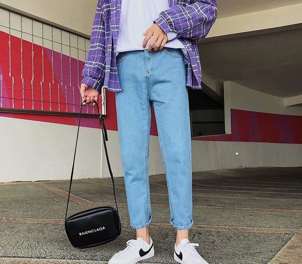 

wholesale 2020 fashion men's teenagers street straight casual jeans korean slim cropped pants summer casual men's harem pants, Blue