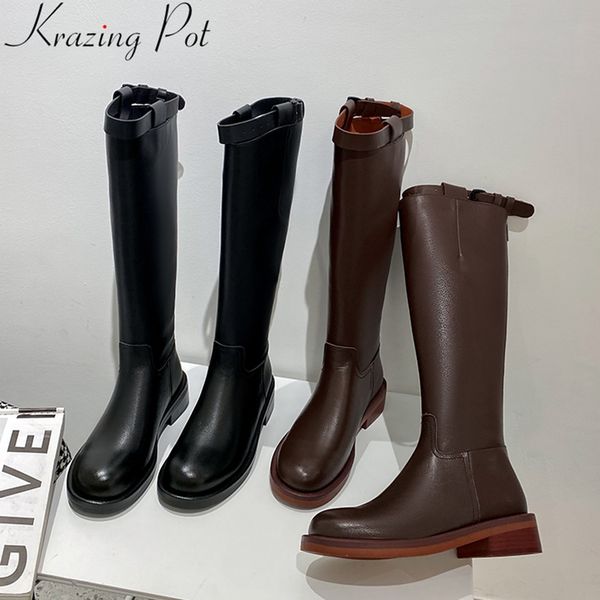 

krazing pot fashion cow leather round toe solid riding boots thick heel back zipper keep warm dress winter knee high boots l35, Black