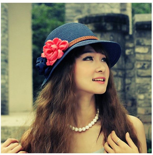 

new fashion summer casual women ladies wide brim beach sun hat elegant straw floppy bohemia cap for women dating, Blue;gray