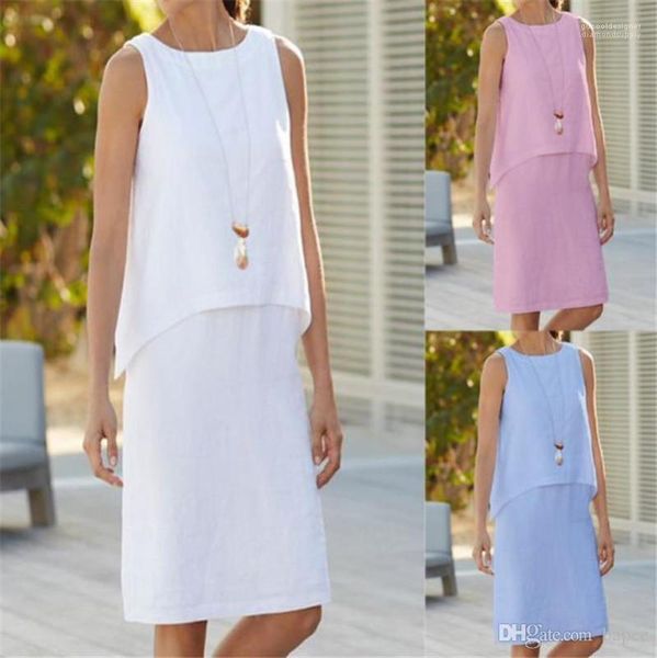 

apparel plus size crew neck womens false 2pcs dresses summer solid color sleeveless ladies dress female, Black;gray