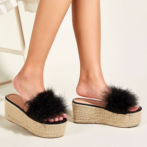 

2020 women slippers new summer fur peep toe slides ladies shoes high heel female flip flops causal woman slippers shoes, Black