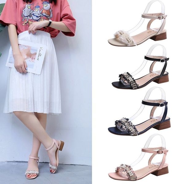 

2020 summer women fashion block heel shoes woman strap buckle black gladiator sandals women bead casual ladies sandals