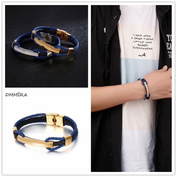 

2020 cool blue cowhide weaving men leather bracelet gold color stainless steel tape buckle trendy men leather bracelet, Black