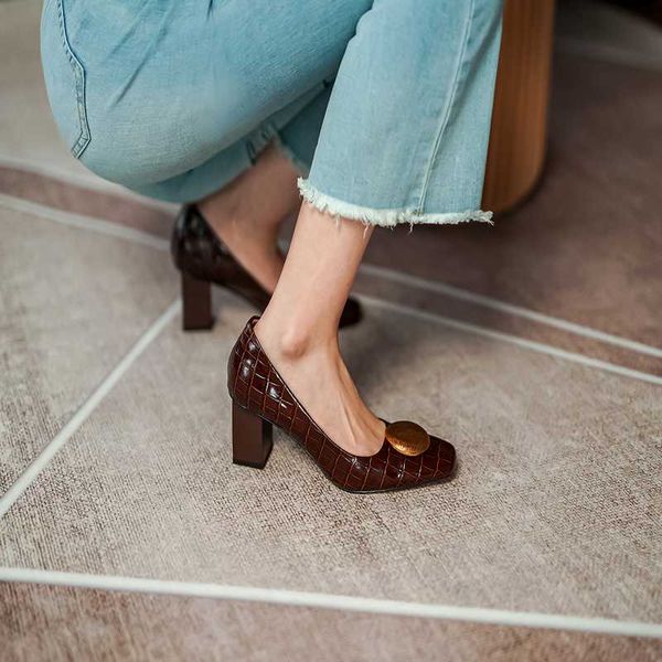 

dress shoes cialisa women thick heel square toe leather party stone pattern women's pumps high, Black