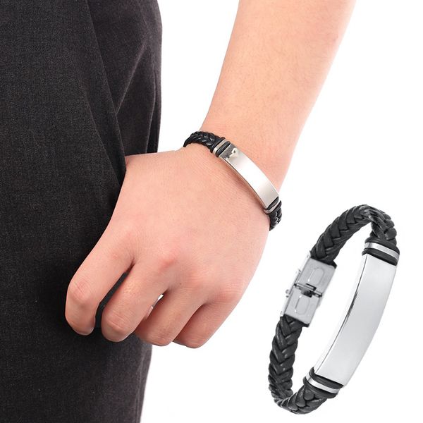 

synthetic leather woven bracelet stainless steel bracelets smooth bangles wristband j55, Black
