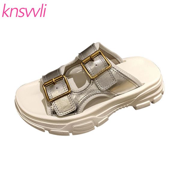

thick sole slippers women genuine leather casual flat beach shoes ladies metal buckle sandals woman comfort platform shoes woman, Black