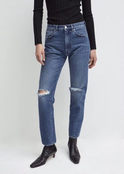 

wishbop dark blue original denim ripped jeans trousers knees with holes twisted seam cropped pants woman high quality