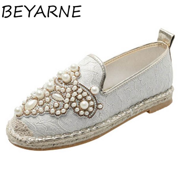 

beyarne 2020 fashion women casual pearls fishermen sneakers flat shoe new fall lace-up crystal rope loafers shoe, Black