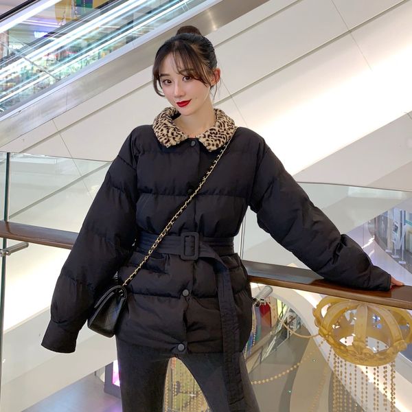 

women's down & parkas pricing will firm offers han edition chic small collar single-breasted leopard show thin belt thickening cotton-p, Black