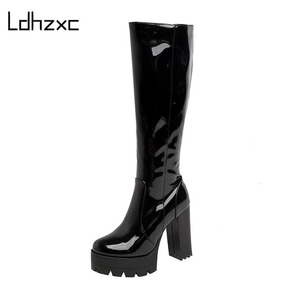

ldhzxc 2020 platform fashion autumn winter knee high boots patent leather platform high heel all match women shoes size 34-43, Black