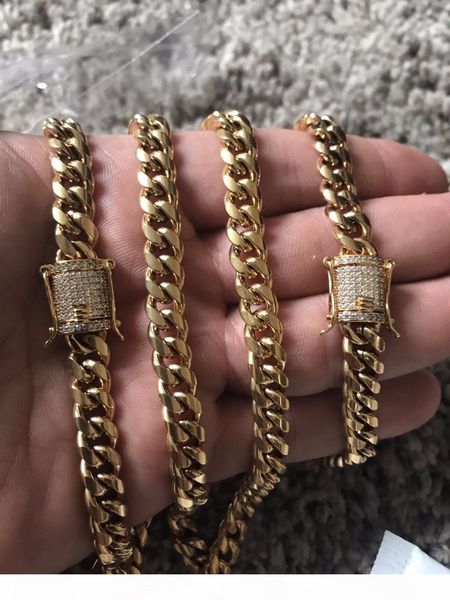 

10мм mens кубинский майами link ожерелье из нержавеющей стали rhinestone застежка iced out золото серебро хип-хоп цепи ожерелье, Silver