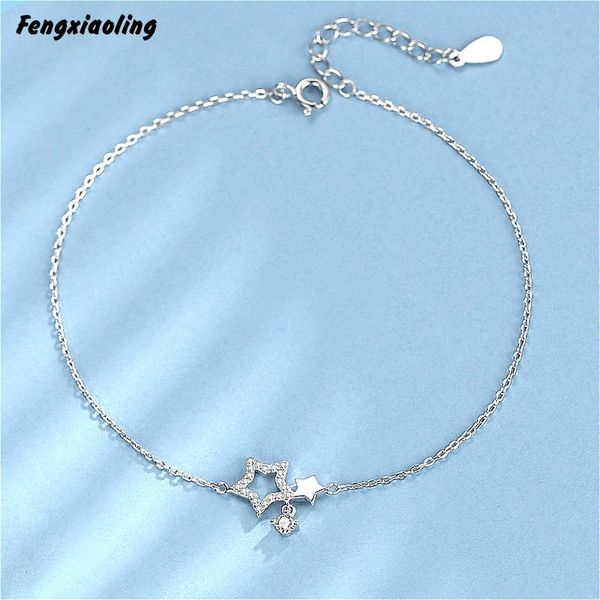 

fengxiaoling 100% genuine 925 sterling silver hollow star zircons anklets for women fine jewelry anklets cute accessories 2020, Red;blue