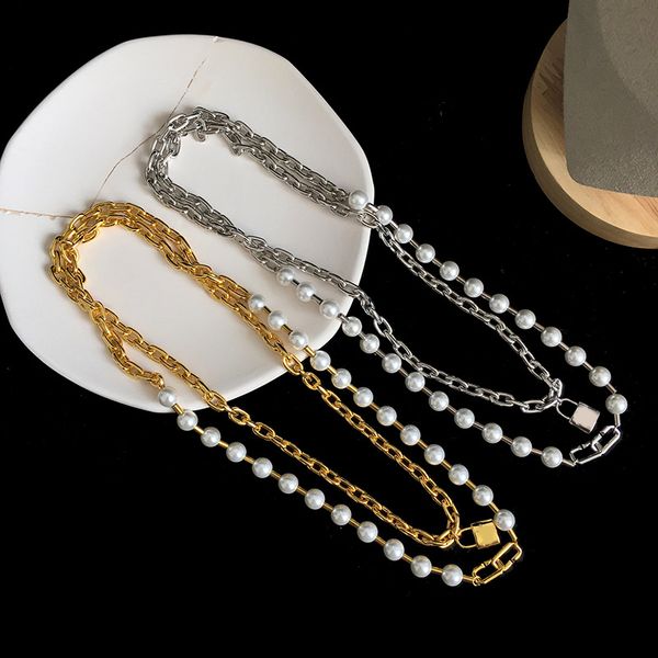 

luxury designer jewelry mens necklace gold double thick chains lock pendant pearl necklaces for women stainless steel sliver punk, Silver