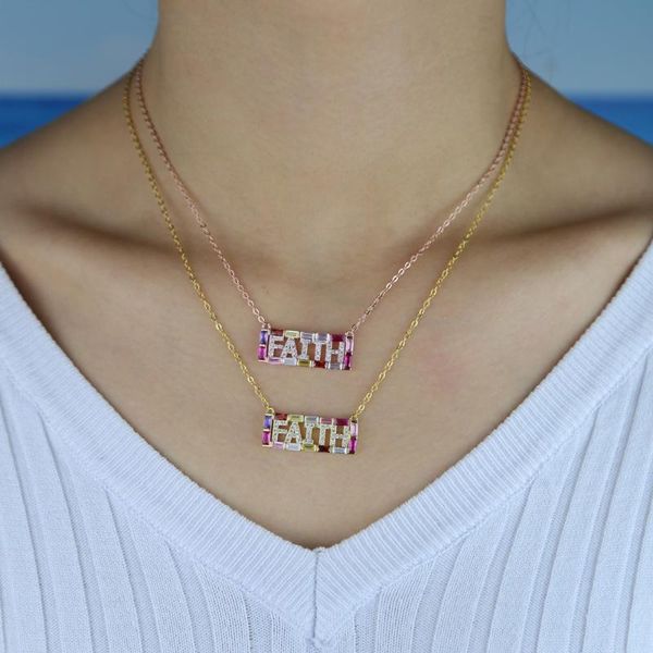 

custom letter necklace gold color colorful cubic zirconia faith pendant necklaces for women, Silver