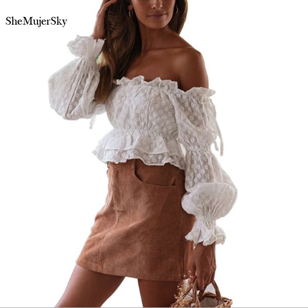 

shemujersky white off shoulder blouses women chiffon blouse long flare sleeve shirts 2020 summer ruffles