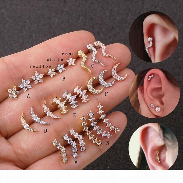 

sellsets 1piece 20g selling classic designs rose gold silver color moon crown flower cz ear tragus daith piercing earring, Slivery;golden