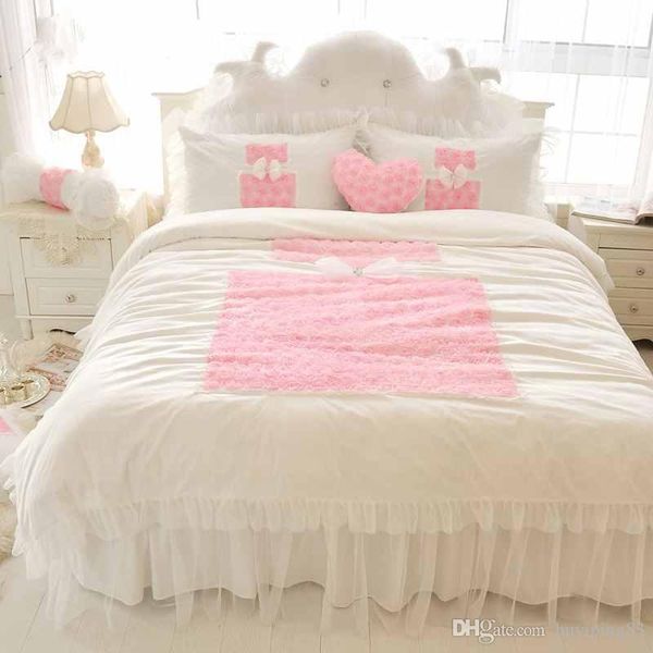 

korean princess bedding sets white 4pcs ruffles bedspread lace rose flower duvet cover  king bed skirt bedclothes cotton home textile