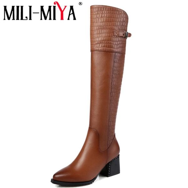 

mili-miya fashion women knee high boot genuine leather autumn winter warm high heels shoes party shoes woman big size 34-42, Black